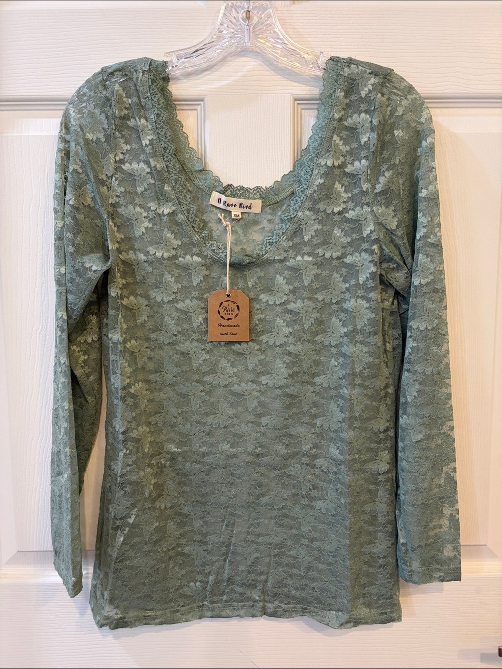 A Rare Bird Vintage Sheer Lace Sage Green Long-Sleeve Top NEW FALL WINTER